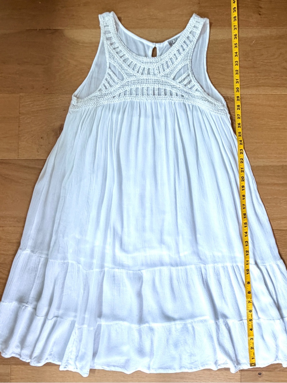 JMB Signature Boho Mini Dress White Crochet Yoke Tiered Crinkle Rayon Women's M - Picture 5 of 6